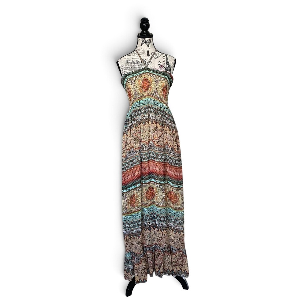 India Boutique Maxi Dress Womens One Size Multicolor Paisley Boho Smocked Halter